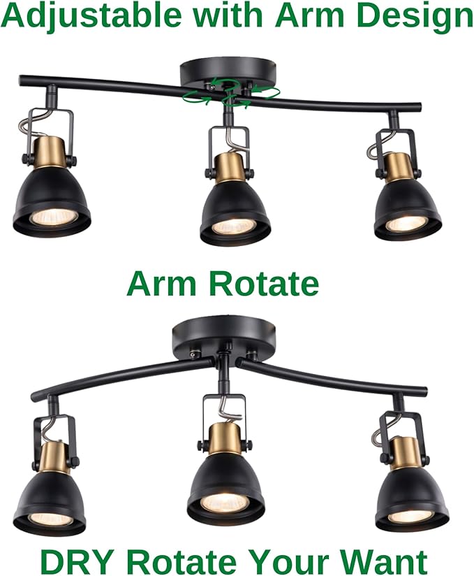 3 Light Foldable Track Lighting Kit, Matte Black Brass Finish Pivot Shades Rotatable Arm with GU10 Socket Modern Ceiling Spot Light for Kitchen,Bedroom,Living Room Home Improvement
