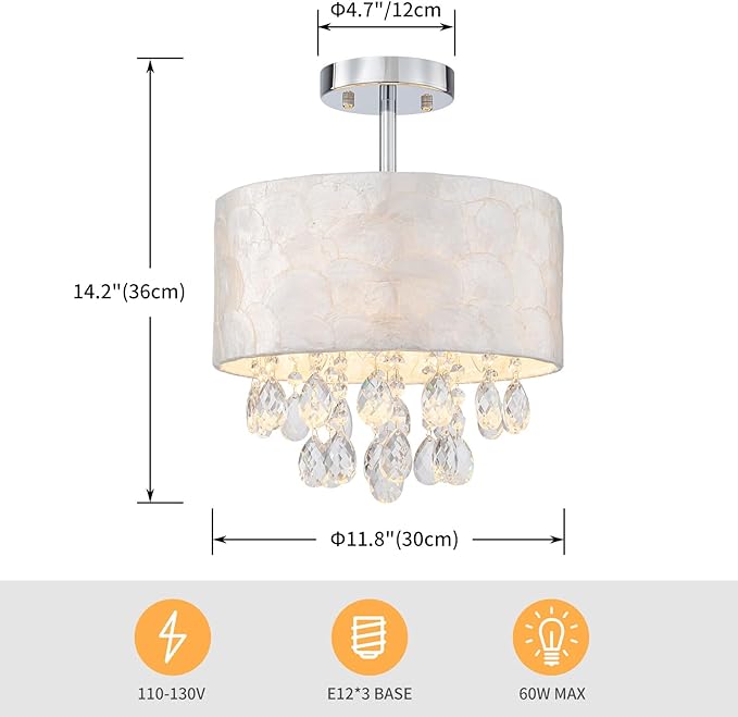 3-Light Capiz Shell Crystal Ceiling Light, Coastal Design Semi-Flushmount Drum Light Fixture for Hallway, Living Room, Bedroom, Clear Crystal & Shell Lampshade & Chrome Finish Frame