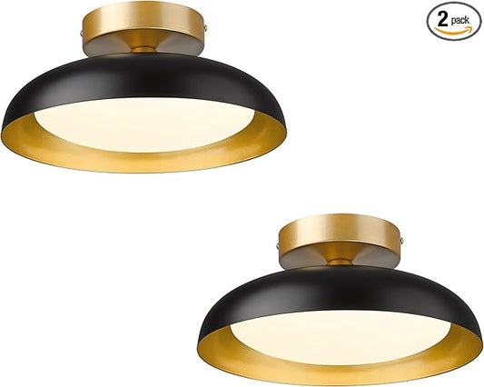 kudos Semi Flush Mount Ceiling Light Fixture, Black and Gold LED Ceiling Lights, 12 Inch Light Fixtures Ceiling Mount for Hallway, Bedroom, 3000K/4000K/6000K Adjustable, 2 Pack, KDCL01-BK-2PK