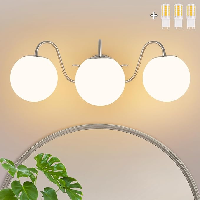 3 Lights Vintage Bathroom Vanity Light Fixtures Over Mirror, Brushed Nickel Vanity Lights For Bathroom With Milk White Glass Globe Shade, Wall Lights For Bedroom, Hallway, Dressing Table(G9 Incl.)