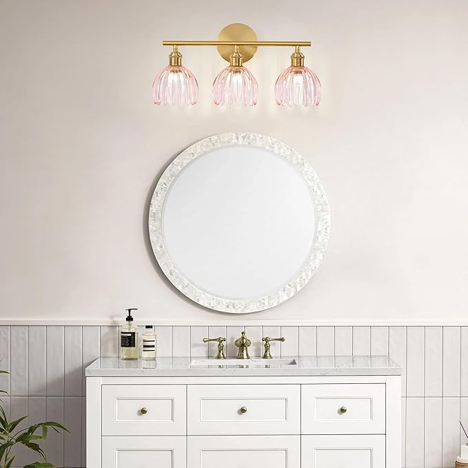 Gold Bathroom Light Fixtures Over Mirror, 3 Light Bathroom Vanity Light Fixture with Tulip Pink Glass Lampshade, Vintage Vanity Lights for Bathroom, Bathroom Vanity Lights Over Mirror