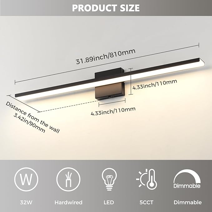 JUSHENG Black Vanity Lights for Bathroom 5CCT Dimmable Bathroom Vanity Light Fixtures LED Vanity Light Bar 31.5'' Inch 32W ETL Certificated
