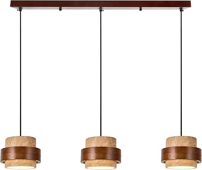 Wabi Sabi Pendant Light - Japandi Nordic Fixture Lamp, Natural Wood & Stone Concrete Chandelier for Japanese Bedroom, Kitchen Island & Dining Room (Yellow Travertine 3-Head)