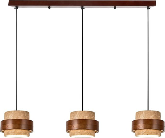 Wabi Sabi Pendant Light - Japandi Nordic Fixture Lamp, Natural Wood & Stone Concrete Chandelier for Japanese Bedroom, Kitchen Island & Dining Room (Yellow Travertine 3-Head)