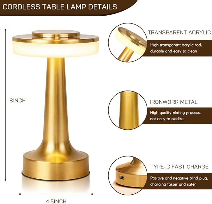JHPGEOE Cordless Metal Desk Lamp, Touch Sensor Control LED Table lamp,3 Color Stepless Dimmable Battery Powered Lamp for Living Room, Dorm, Home Office(Light Gold)