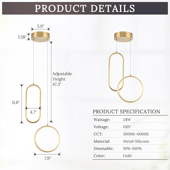 Gold Modern Mini LED Pendant Light with Remote Control, 2 Ring 24W 3-Color Temp Stepless Dimmable Ceiling Hanging Light for Bedroom Kitchen Island Dining Room Foyer Entryway