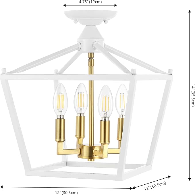 JONATHAN Y 12" White/Brass Gold Modern Farmhouse Pagoda 4-Light LED Semi Flush Mount Lantern, Metal Ceiling Light Fixture for Kitchen, Hallway, Entryway, Bedroom, Hardwired (JYL7610F)