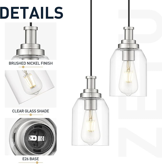 zeyu Pendant Lights Kitchen Island, Modern Kitchen Pendant Lighting Over Island for Dining Room, Brushed Nickel Hanging Lights Fixtures with Clear Glass Shade, ZG33M1L BN