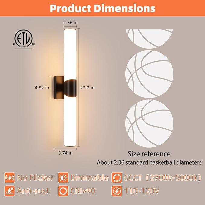 Modern Wall Sconce 22 Ihch Black Bathroom Sconces LED Wall Lighting Fixtures with Acrylic Shade Hardwired Long Vanity Lights Over Mirror for Bedroom Living Room Hallway