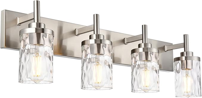 Bathroom Vanity Lighting Fixtures 4 Lights,Brushed Nickel Bathroom Vanity Lights with Clear Hammered Shade Wall Sconce Lighting Modern Farmhouse Bath Lighting