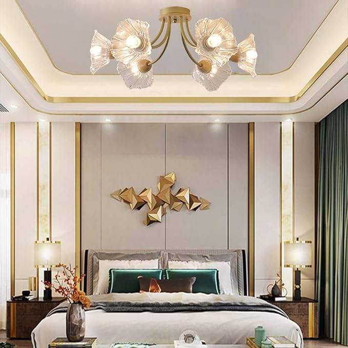 Gold Brass Flush Mount Ceiling Lights Fixture 6-Light Mid Century Modern Ceiling Light with Clear Glass Flower Shape Shade Sputnik Ceiling Lighting for Bedroom Living Dining Room