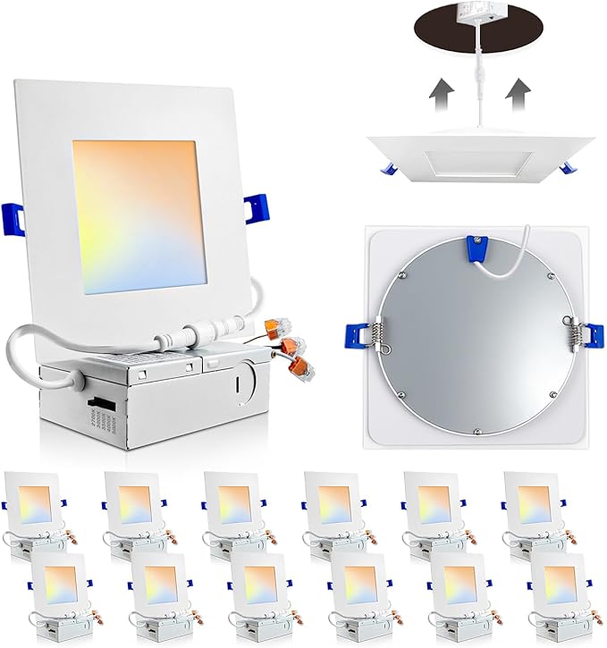Adetu 12 Pack 6 inch Square Led Recessed Lighting, 5CCT Ultra Thin Square Led Ceiling Light with Junction Box, 14W 1190LM, CRI90, 2700K-5000K Selectable,Dimmable Canless Downlight, ETL and Energy Star