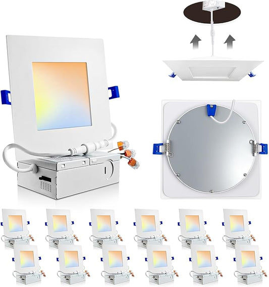Adetu 12 Pack 6 inch Square Led Recessed Lighting, 5CCT Ultra Thin Square Led Ceiling Light with Junction Box, 14W 1190LM, CRI90, 2700K-5000K Selectable,Dimmable Canless Downlight, ETL and Energy Star