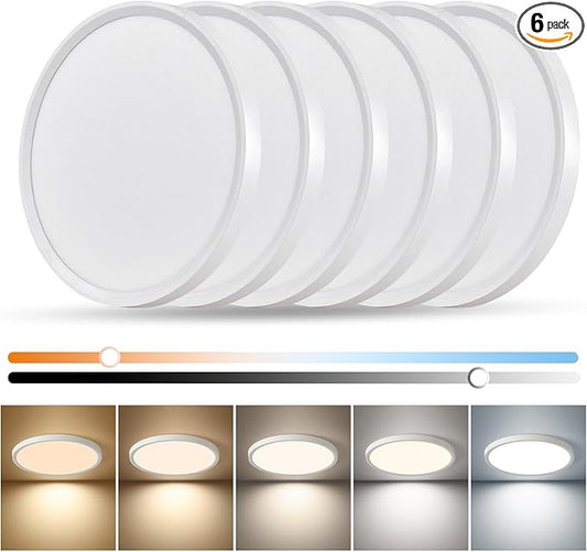 Dimmable 12Inch LED Flush Mount Ceiling Light, 24W, 2520LM, 2700K/3000K/4000K/5000K/6000K CCT Selectable,LED Round Flat Panel Light Dimmable from 5% to 100% for Bedroom,Kitchen,Hallway, White 6PK