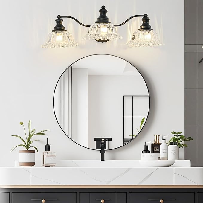 Black Bathroom Light Fixtures Over Mirror, 3 Light Vintage Bathroom Vanity Light Fixture with Clear Flower Glass Shades, Retro Vanity Lights for Bathroom, Bathroom Vanity Lights Over Mirror