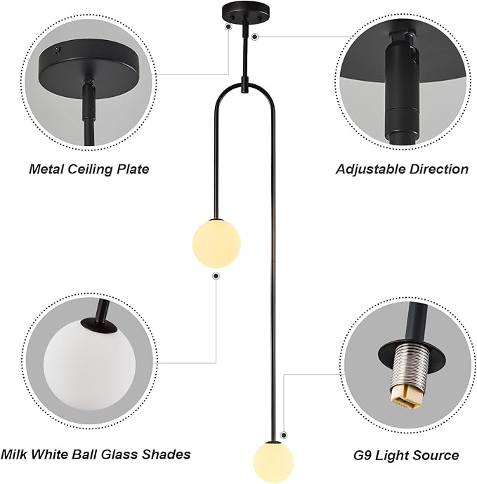 Modern Milk Glass Pendant Light 2 Light Mid Century Chandelier Small Glass Globe Black Pendant Lights for Kitchen Island Bedroom Dining (Metal Tube Removable, 2 Pack)