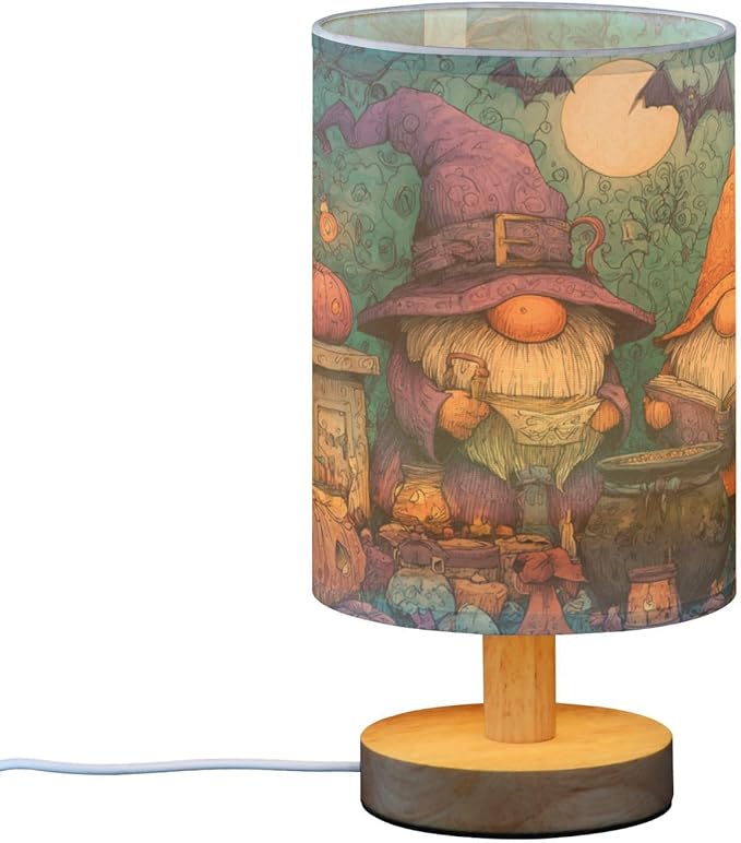 Aslsiy Halloween Gnomes Pumpkins Moon Bedside Table Lamp Bat Nightstand Lamp Night Light Fabric Shade for Bedroom Living Room Home Office