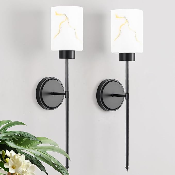 Black Wall Sconces Set of 2 with Marble Glass Shade, Modern Bathroom Vanity Light Fixtures for Bedroom, Hallway, Entryway, Living Room