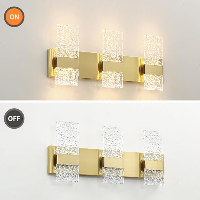 Modern Brushed Gold 6-Lights Bathroom Vanity Light, Eleglant Brass LED Bathroom Light Fixtures over Mirror, Dimmable Acrylic Shade Wall Lighting Fixtures, Hardwired Wall Light(H9.25in, L21.26in)