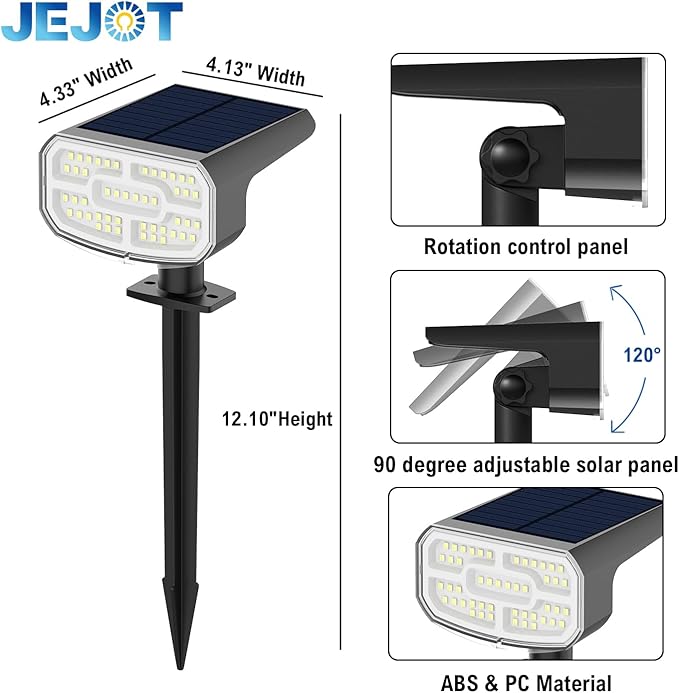 JEJOT Solar Lights Outdoor Waterproof IP65, Super Bright LED, 3000K 2 Lighting Modes, Solar Powered Yard Garden Solar Spot Lights for Outside Landscape Auto On/Off -2 Pack