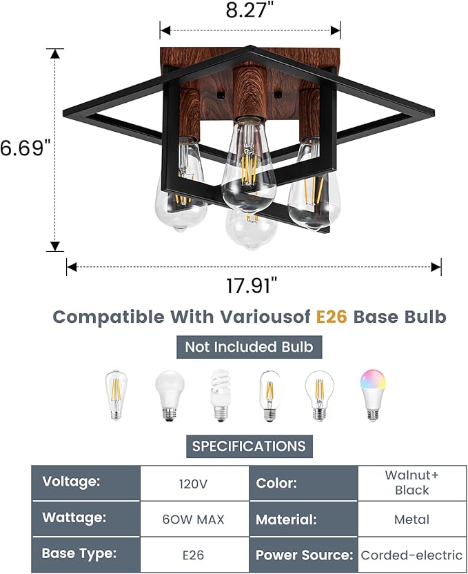 Semi Flush Mount Ceiling Light Fixture, 4 Light Industrial Ceiling Light with Black Frame & Wood Grain Accent, Close to Ceiling Farmhouse Lighting for Kitchen, Bathroom, Bedroom, Hallway (E26,2-Pack)