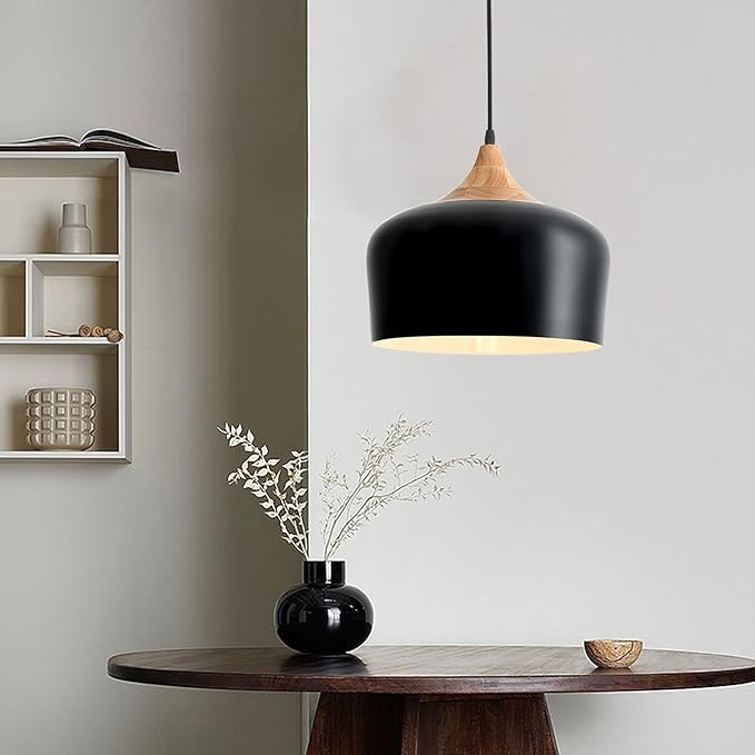 11.8 inch Black Industrial Pendant Light, Adjustable Wood Ceiling Hanging Lighting with Dome Metal Shade,Farmhouse Minimalist Lamp for Kitchen Island,Dining Room,Bar, Bedroom,Hallway