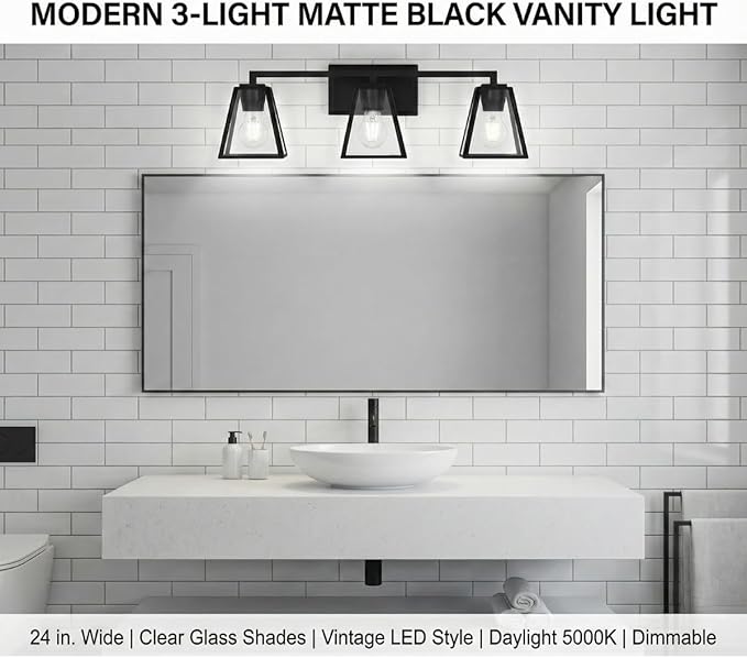 LYTIO Bathroom Light Fixture 24 Inch 3 Light Bath Vanity Light with Clear Glass Shades Wall Lamp for Mirror Living Room Hallway Cabinet 100W
