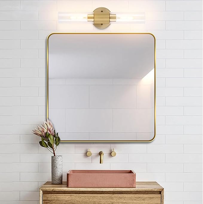 BYOLIIMA Gold Knurled Texture Wall Sconce Clear Glass Shade Modern Bathroom Vanity Light Fixtures 2-Lights Mid Century Wall Light for Mirror Living Room Hallway E26 T10 Bulbs(Excluded)