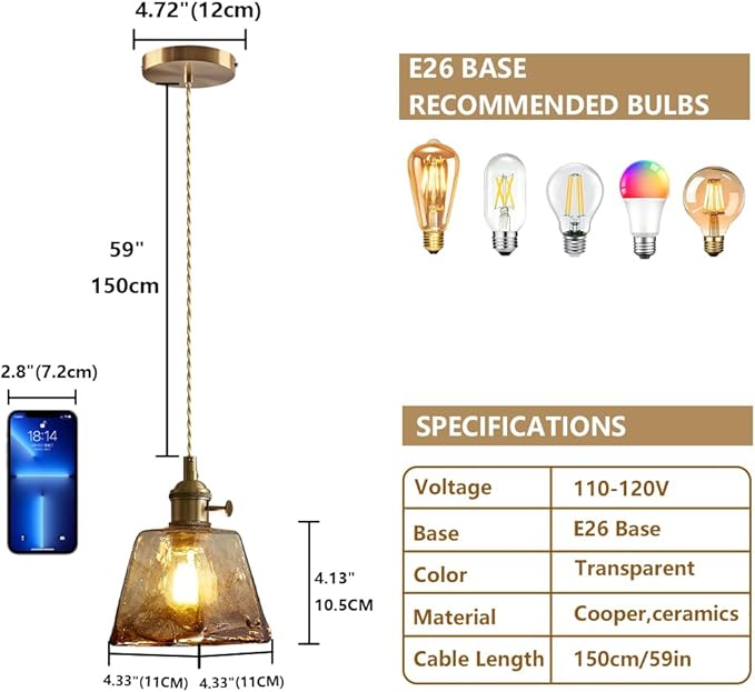 Vintage Pendant Light Fixtures, Amber Glass Lampshade with Switch Indoor Pendant Lighting for Bedside Dining Room Bathroom, Brass