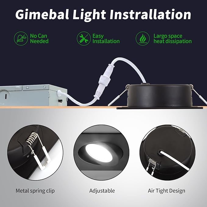 KnLnny Ware Black Square Recessed Lighting 4 inch 6 Pack with Gimbal,Canless Eyeball Recessed Lightswith Junction Box,dimmable, 5CCT Selectable,9W 750LM