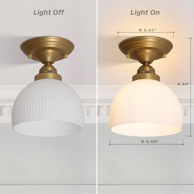 Industrial Flush Mount Ceiling Light with White Striped Globe Glass Lampshade, Vintage Glass Close to Ceiling Light Fixture for Kitchen Island Bedroom Entryway Stairwell