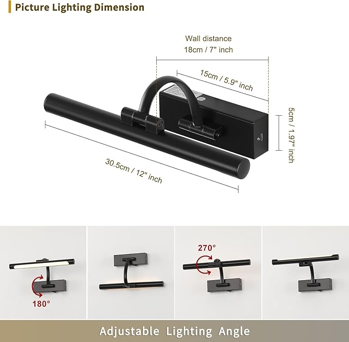 DESOOP Battery Operated Picture Lights for Wall Black Art Light Wireless Gallery Lights with Timer and Remote 12 Inch 2W Warm White