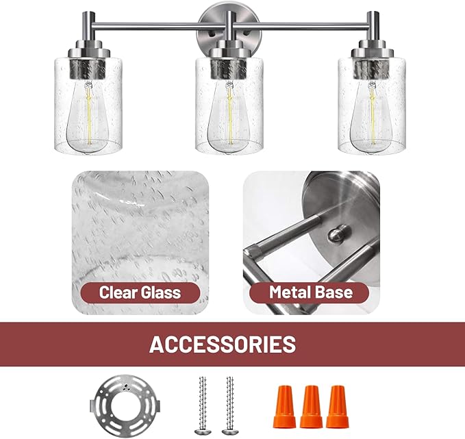 3-Light Bathroom Lighting Fixtures Over Mirror, Brushed Nickel Vanity Lights with Clear Glass Shade. Modern Bathroom Vanity Light for Mirror Kitchen, Living Room, Gallery, Hallway