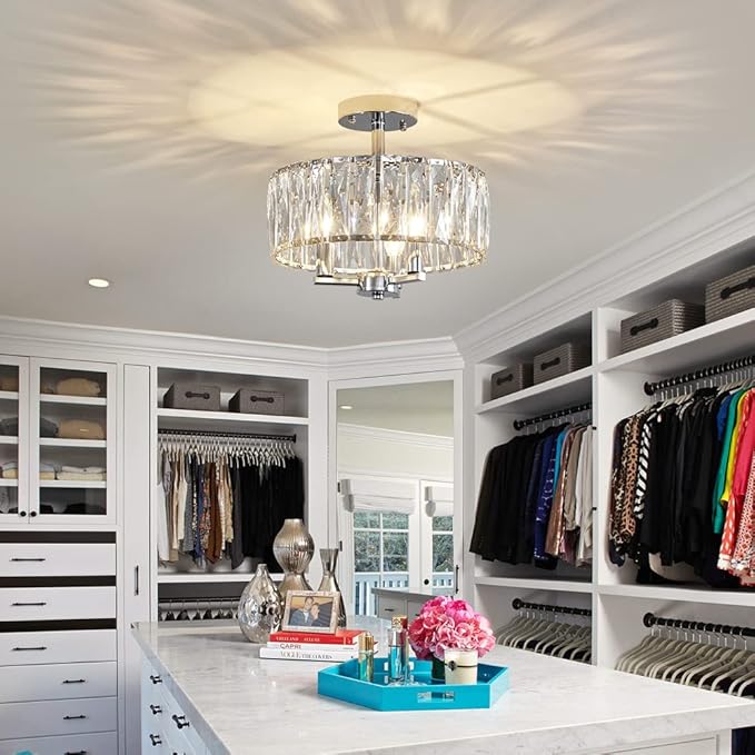 AGV LIGHTING CL003F K9 Crystal Ceiling Light Fixture, Modern Semi Flush Ceiling Lights, Perfect for Living Room, Bedroom, Dining Room, D13 x H15, 3-Light Chrome Finish
