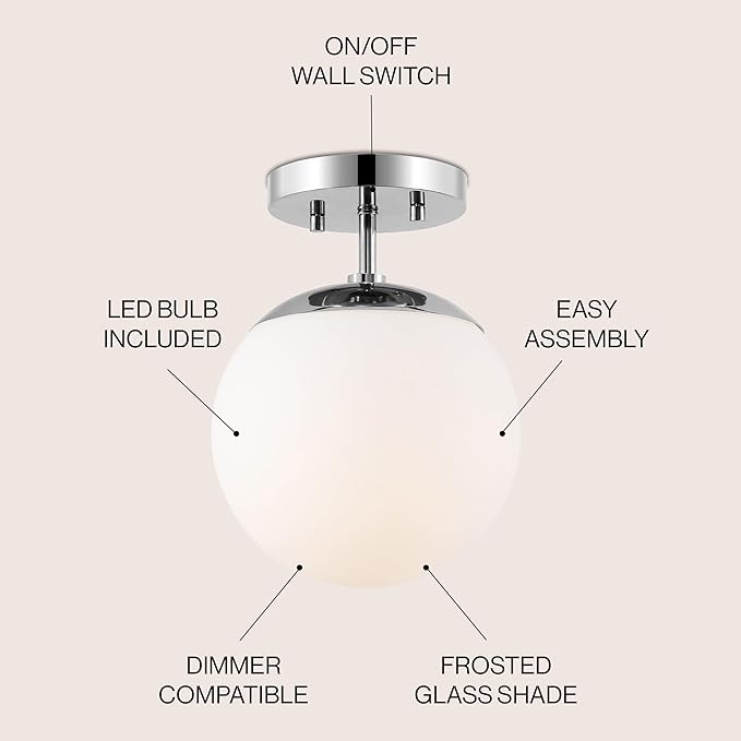 JONATHAN Y 7.75" Chrome/White Modern Semi Flush Mount Ceiling Light, LED Fixture for Entryway, White Frosted Glass Globe Shade, Mid-Century Farmhouse Lighting for Bedroom Hallway (JYL7499D)