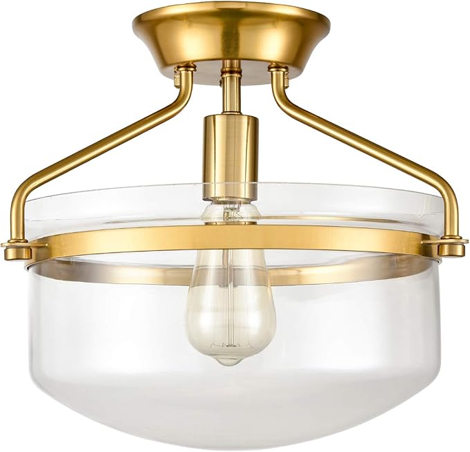 YUBOLE Mid-Century Ceiling Light Gold Semi Flush Mount Light Fixture with Clear Dome Glass Shade-13.4" Wide for Kitchen Hallway Bathroom Bedroom