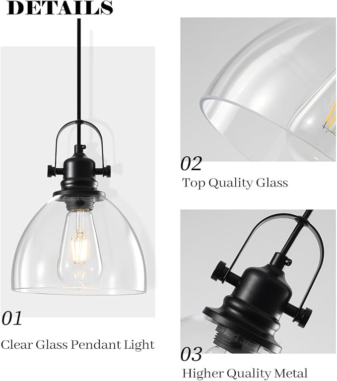 Kitchen Pendant Lights Over Island, 7.5 inch Farmhouse Glass Pendant Light, Industrial Black Pendant Lights Kitchen Island 1-Pack, Hanging Kitchen Pendant Light for Dining Room,Bar, Cafe