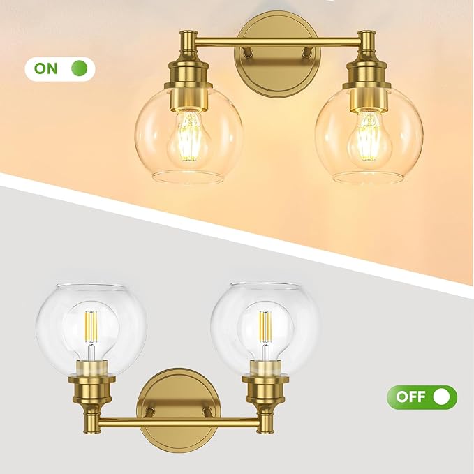 Bathroom Light Fixtures, 2-Light Brushed Gold Vanity Light Globe Glass Shades, Bathroom Lighting Fixtures Over Mirror, Wall Sconces for Master Bathroom, Guest Bathroom, Powder Room, 14-inch