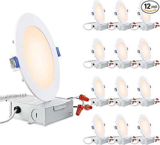 TORCHSTAR Basic Series 12-Pack 6 Inch Ultra-Thin LED Recessed Lighting with Junction Box, Aluminum, 2700K Soft White, 5%-100% Dimmable Slim Recessed Downlight, 12W 850LM, ETL and Energy Star