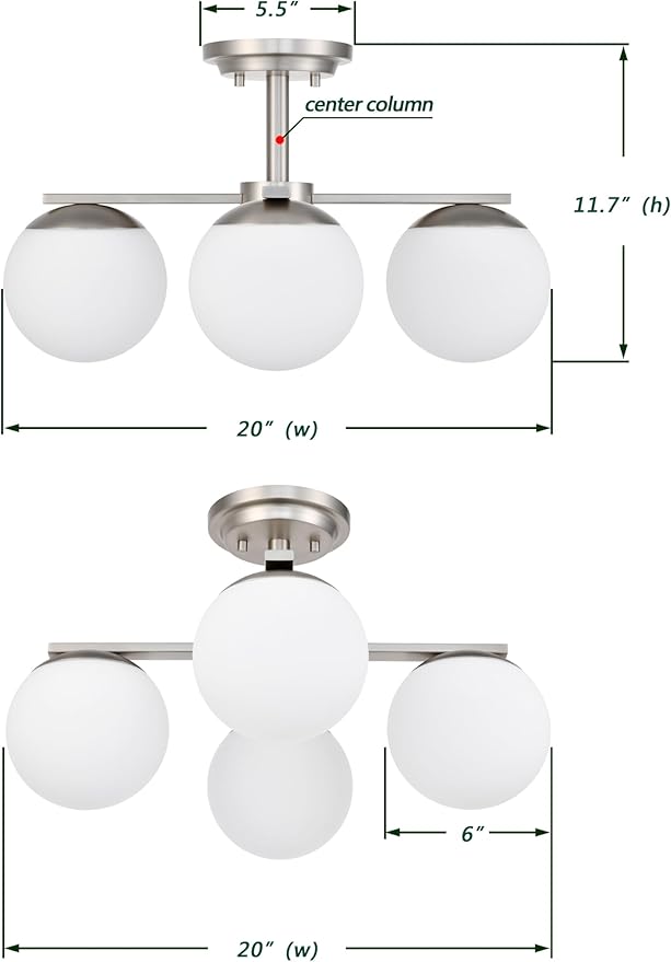 Brushed Nickel Semi Flush Mount Ceiling Light, 4-Ligh Modern Kitchen Lighting Fixtures with Globe Glass Shade, Hallway Light Fixtures Ceiling Mount for Dining Room, Living Room, Bedroom, Foyer