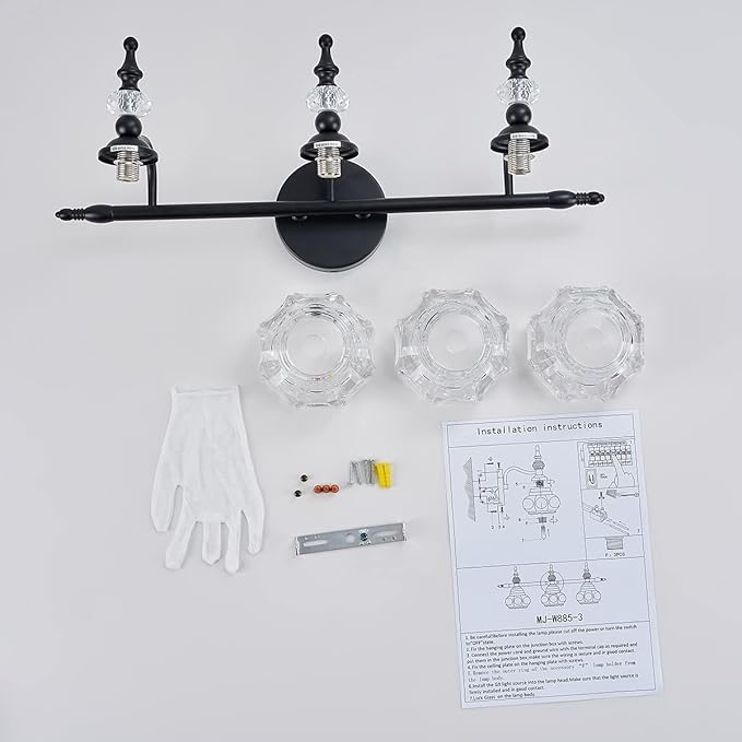 Vintage Bathroom Vanity Light Fixture, 3 Lights Bathroom Lighting Painted Black Surface with Thick Crystal Glass Shade, Vintage Vanity Light for Bedroom Living Room