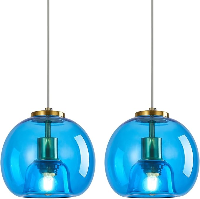 Blue Glass Pendant Lights Kitchen Island Gold Hanging Light Fixture Glass Globe Pendant Light Modern Pendant Lighting for Kitchen Island Bedroom Dining Room (7.87", 2 Pack)