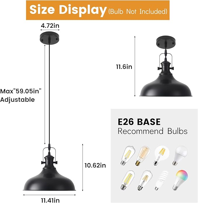 Black Pendant Lights Kitchen Island 3 Pack, 11.41" Kitchen Pendant Lighting, Farmhouse Pendant Light, Industrial Pendant Light, Island Lights for Kitchen Dining Room Bedroom
