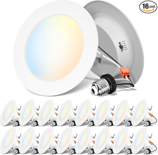 ANWIO Recessed Lighting 4 Inch, 16 Pack 5CCT Flat Retrofit LED Recessed Lights Can Needs, 2700/3000/4000/5000/6000K Selectable Can Lights 7W(85W Equivalent) CRI 80+ Dimmable E26 Base IC Rated & ETL