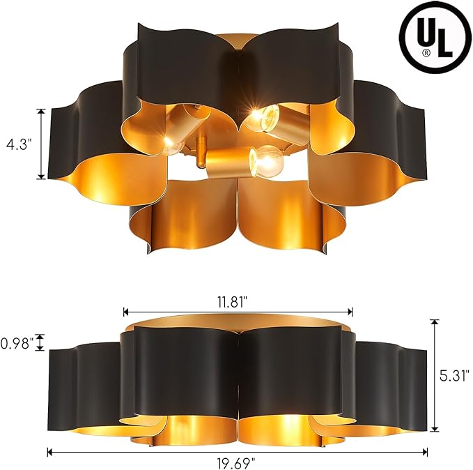 VILUXY Modern Black and Gold Flush Mount Ceiling Light 19” Flower Close to Ceiling Light Fixtures 3 Lights Vintage for Hallway, Entryway, Closet, Bedroom, Kitchen