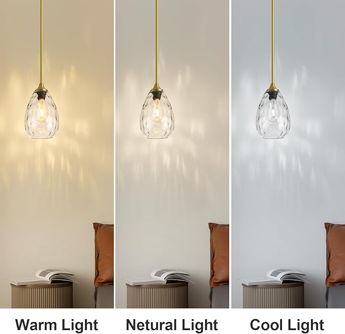 Glass Pendant Lights Kitchen Island, 6.3in Small Modern Gold Pendant Light Fixtures with Hammered Clear Glass, Hanging Lighting for Kitchen Over Sink Dining Room Bedroom