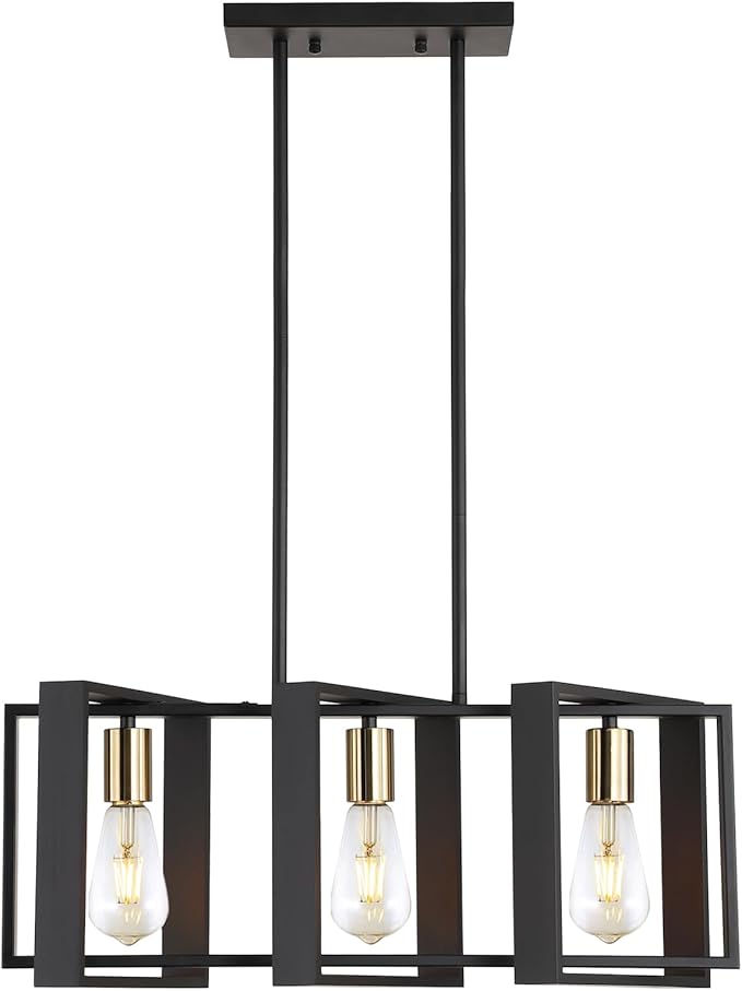 23.6" Island Lighting,3 Lights Dining Room Chandelier, Linear Kitchen Island Lighting for Pool Table Living Room, Foyer Hallway,E26, Black Wood Frame