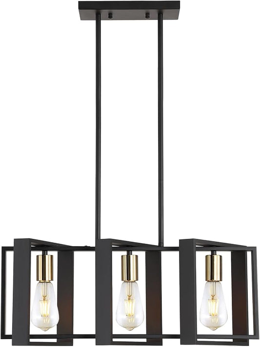23.6" Island Lighting,3 Lights Dining Room Chandelier, Linear Kitchen Island Lighting for Pool Table Living Room, Foyer Hallway,E26, Black Wood Frame