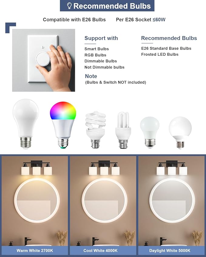 Sailstar 3-Light Bathroom Vanity Light, Anti-Rust Matte Black Bathroom Light Fixtures Over Mirror, Modern Bathroom Lights Wall Mount with Milky White Glass Shades, E26 Base Vanity Lighting