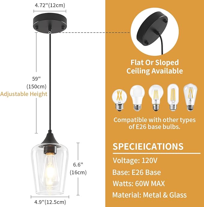 2-Pack Black Pendant Lights Kitchen Island, Modern Glass Pendant Lighting Over Island Kitchen Hanging Light Fixtures Hallway Pendant Lights for Bathroom Dining Room Entryway Foyer Bedroom
